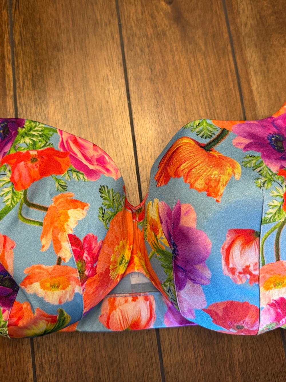 Cacique Strapless Floral Bra in Light Blue with Orange, Pink & Purple Blooms